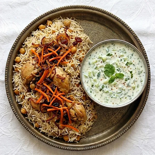 Afgani Chola Chicken Pulao With Cucumber Raita